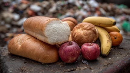 Fresh Bread and Fruit Surrounded by Trash Depicting Food Waste and Environmental Issues in Urban Settings
