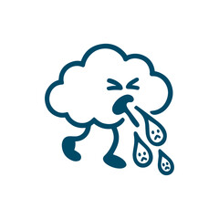 Obraz premium Cartoon cloud sneezing out raindrops shaped like tiny faces, funny pictogram vector