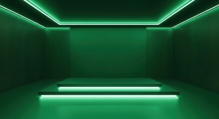 Futuristic Green Stage with Glowing Platforms and Curtains