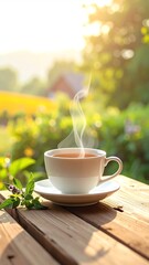 A steaming cup of tea in nature's embrace.