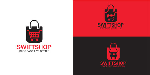 Swiftshop logo design featuring a shopping bag and cart icon