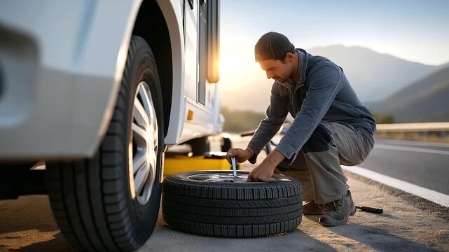 An RV camper repairs a tire at a roadside stop with a jack lifting tools clanking a spare tire leaning nearby and a highway stretching into the distance captured in a gritty