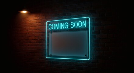 Vibrant Cyan Neon 'Coming Soon' Sign on Dark Brick Wall with Warm Spotlight