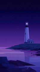 A solitary lighthouse, illuminated, stands on a rocky coast under a starlit, purple night sky. Calm water reflects the light.  Low-poly style