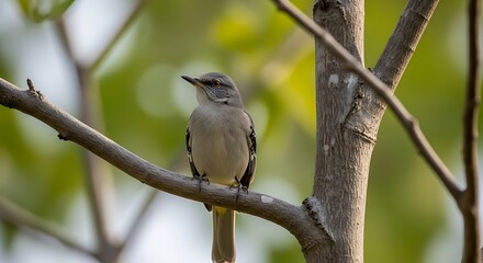 Fototapeta premium Small Gray Bird Perched on Branch.