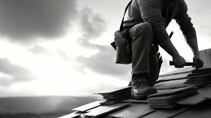 A worker their boots gripping repairs a slate roof the slates’ surfaces smooth but chipped. A chisel its blade sharp trims a slate. A safety harness its straps taut secures