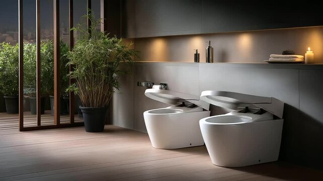 High tech smart home toilets with integrated bidet functions heated seating and automatic cleaning systems highlight wellness technology luxury bathroom design personal comfort