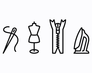 Sewing and Tailoring Icons Representing Fashion Design Tools and Garment Creation Equipment in a Minimalist Style