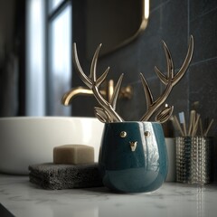 A teal-colored, decorative, ceramic deer-shaped toothbrush holder sits on a marble countertop in a modern bathroom.