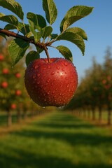 Obraz premium Dewy Red Apple in Autumn Orchard
