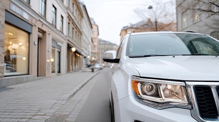Macro Close Up Of White Luxury Suv Car On Road In City