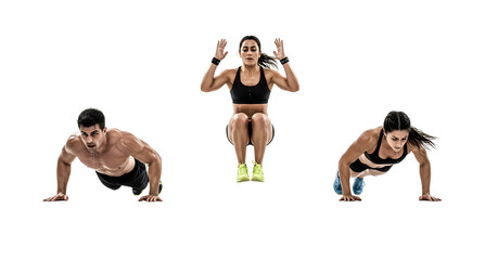 Fitness Training Three people performing exercises including push-ups and jumping jacks for a full body workout on a white background