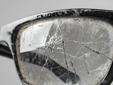 Close-up macro of a scratched black-framed eyeglass lens with faint reflection