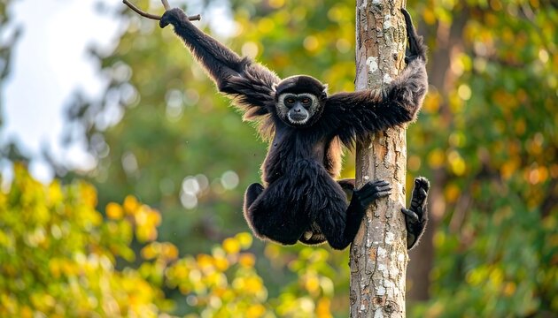 Black and white monkey clinging to tree