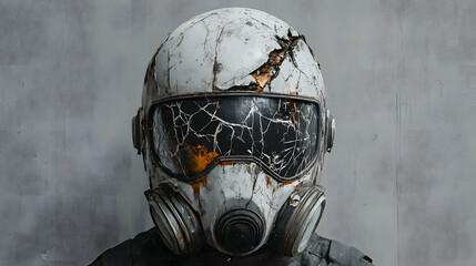 Fototapeta premium Close-up portrait of a cracked and rusted gas mask helmet with torn straps