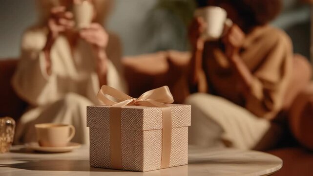 A small gift box with a ribbon sits on a table. Two women, one with blond hair and the other with curly dark hair, enjoy tea in the background.