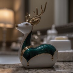 Elegant, decorative deer figurine, showcasing a rich emerald green and white color scheme, accented with gold details, sits on a marble countertop.