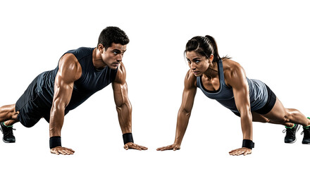 Fit Couple Performing Push-Ups Together in a Gym, Focusing on Strength and Endurance Training