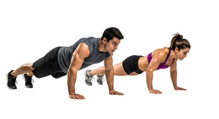 A man and woman doing push-ups, fitness workout, exercise, physical training