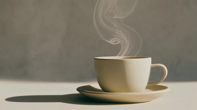 A steaming cup of coffee on a saucer against a neutral background. The cup is simple and elegant, showcasing a warm, inviting atmosphere.