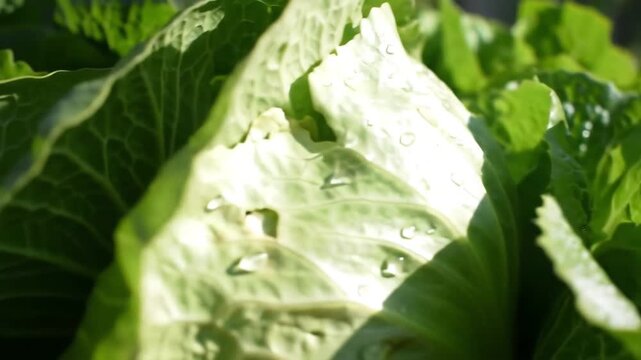 Close up of fresh green lettuce leaves glistening with water droplets in sunlight.