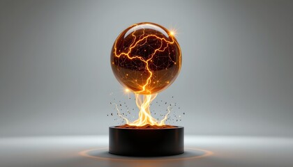A dynamic scene featuring an exploding ball of fire atop a black pedestal, with sparks flying around it