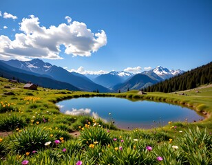 This image captures a serene mountain valley during what appears to be spring or early summer