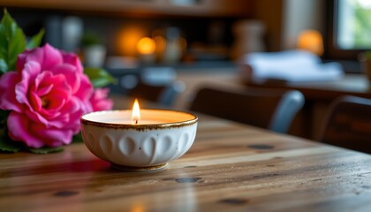 An intimate indoor setting featuring a candle in a small white candle holder placed on a wooden dining table
