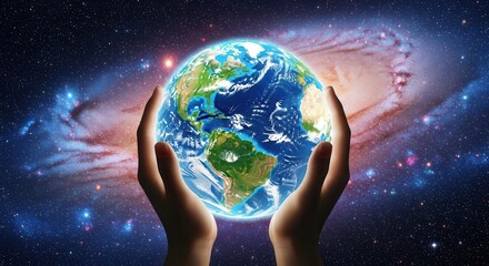 Our Fragile Planet Held Safely in Human Hands Amidst Cosmic Wonders