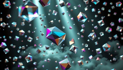 An intriguing scene of numerous brightly colored crystalline shapes suspended in mid air
