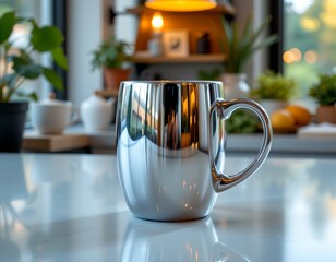 A modern kitchen setting with a large, sleek stainless steel mug placed on a kitchen counter