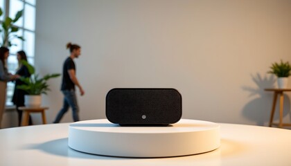 A smart home speaker with textured surface is displayed on a white circular stand in an indoor setting