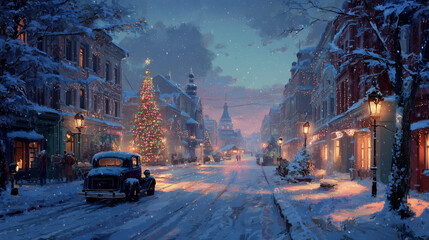 Snowy winter street with Christmas tree and vintage car at sunset  