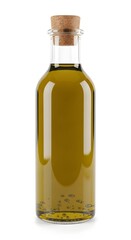 Glass jar of olive oil with cork,