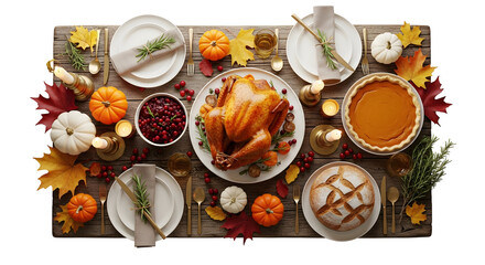 A festive Thanksgiving dinner spread with a roasted turkey, pumpkin pie, cranberry sauce, and seasonal decorations on a rustic wooden table