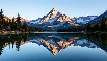 A serene mountain landscape during what appears to be dawn or dusk, given the soft lighting and long shadows