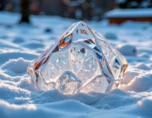 An intricately designed clear crystal sculpture with a pyramid shape, resting in the snow amidst a serene winter landscape