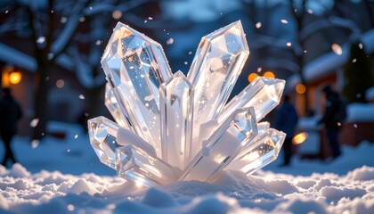 A large illuminated glass sculpture situated in a snowy landscape at night