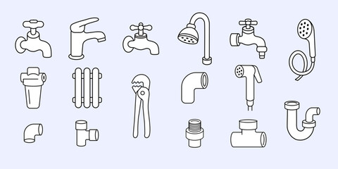 Vector set of plumbing icons, including faucets, pipes, shower heads, valves, and tools