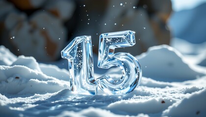A number fifteen made of ice with snowflakes around it