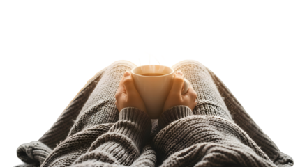 Cozy Comfort Hands Holding a Warm Mug of Coffee Wrapped in a Soft Blanket