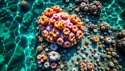 An underwater view of a vibrant coral reef teeming with various shapes and colors of coral, surrounded by clear blue waters