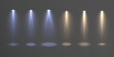 A set of isolated spotlight lighting effects. A bright, glowing spotlight on a transparent background.