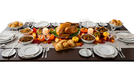 A festive Thanksgiving dinner table set with a roasted turkey, side dishes, and autumn decorations