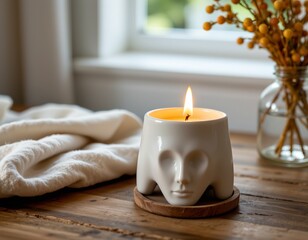 A cozy indoor setting features a candle placed in a ceramic holder with a face design