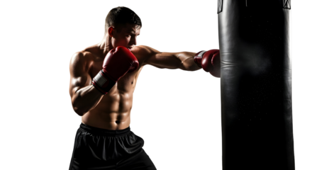 A muscular man with boxing gloves punches a punching bag during a boxing workout on a white background, showcasing fitness and dedication