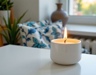 A cozy indoor setting featuring a candlelit in a modern, round candle holder on a table
