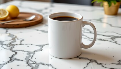 There is a white mug filled with coffee placed centrally on a marble countertop
