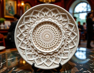 An intricately designed ceramic plate with a pattern of geometric shapes at its center, exhibited in a room