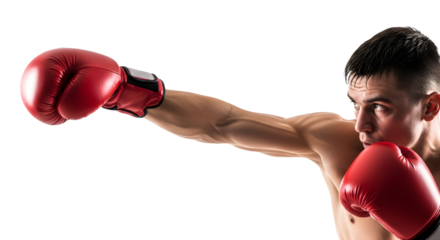 Close-up shot of a male boxer in red gloves throwing a punch with intensity on a white background